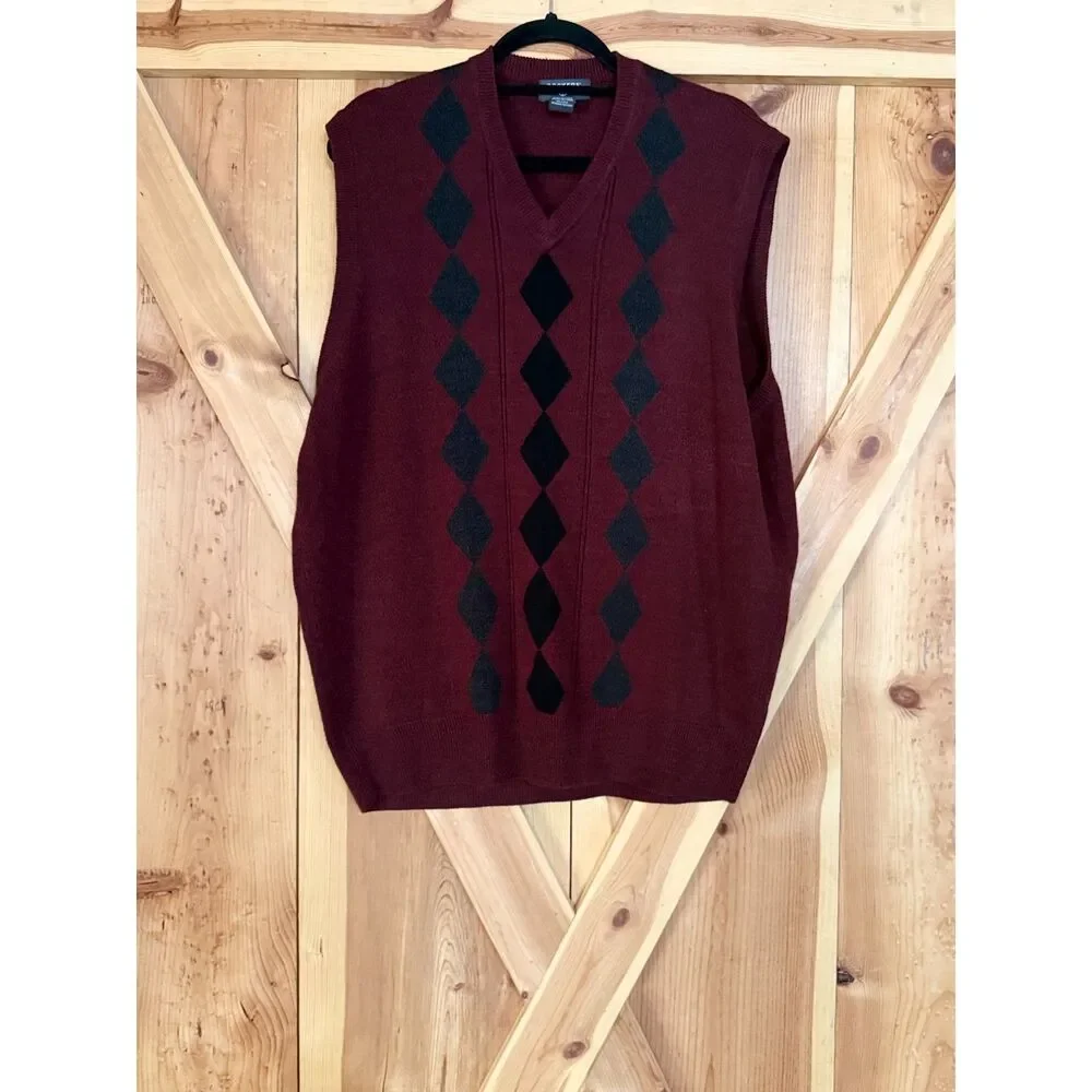 Vintage 90s Dockers Men Argyle Sweater Vest Red Black Diamond Knit Preppy Office